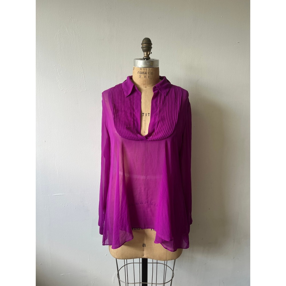 Free People Magenta Sheer Pleated Bib V-Neck Blouse Purple Long Sleeve Small